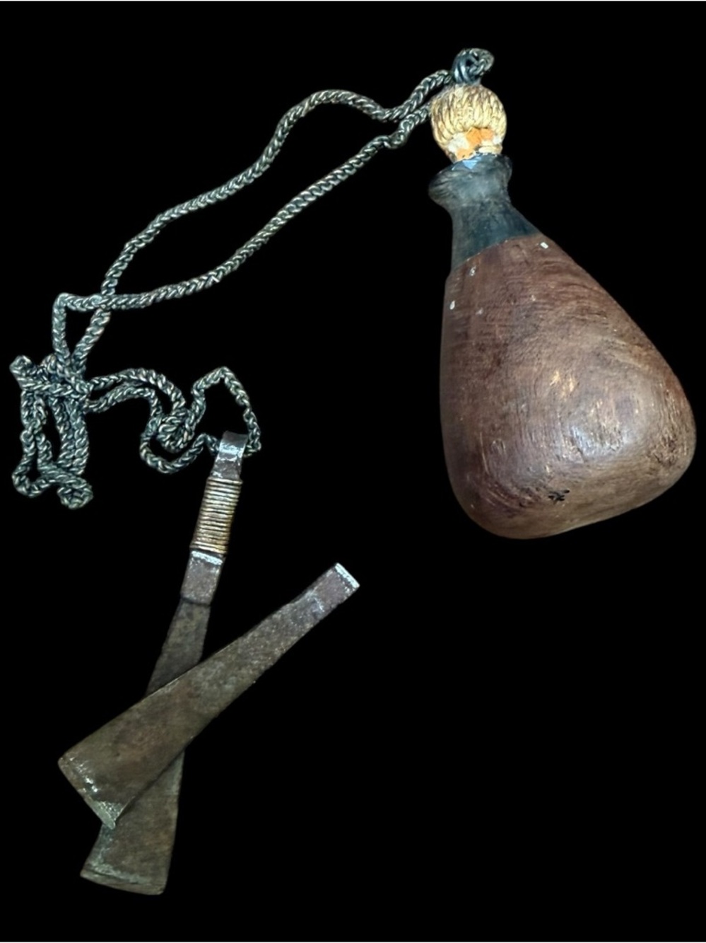 19thC Middle Eastern wooden powder flask & attached tweezer (needs repair)